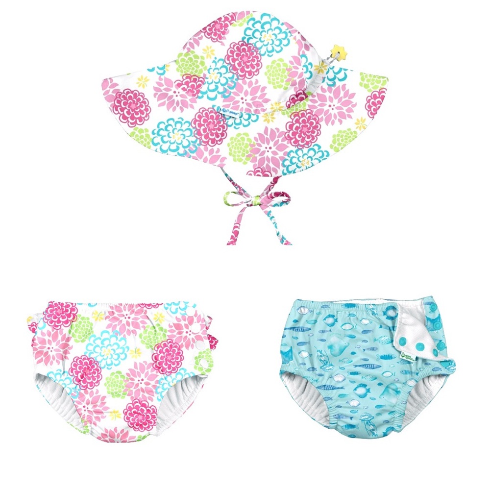 iPlay 3-Piece Floral Reusable Swim Diaper & Sun Hat Bundle Baby Girl 3-6M
